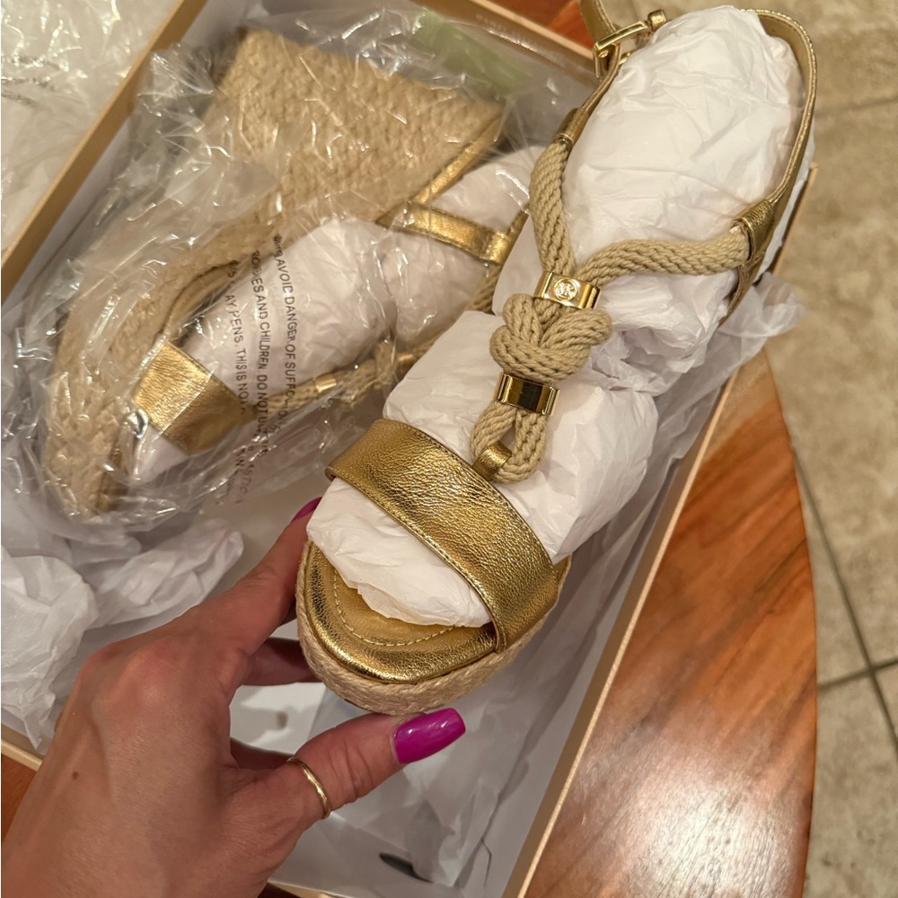 NEW Michael Kors “Holly” Gold Espadrille Shoes with Strappy Design